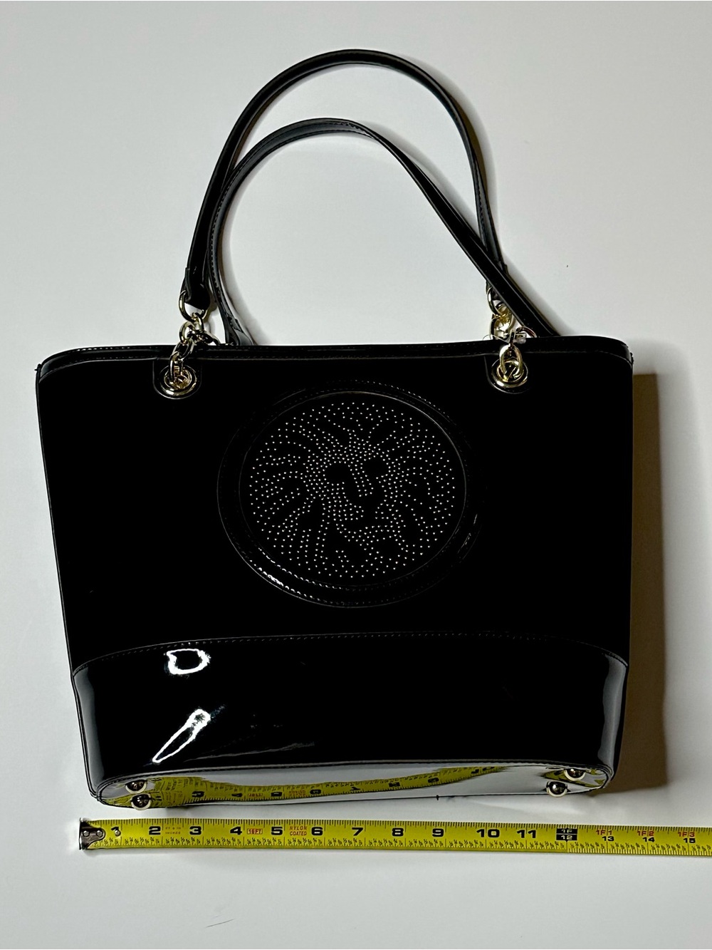 Anne Klein Black Patent Leather Tote Bag with Studded Lion Medallion NWT